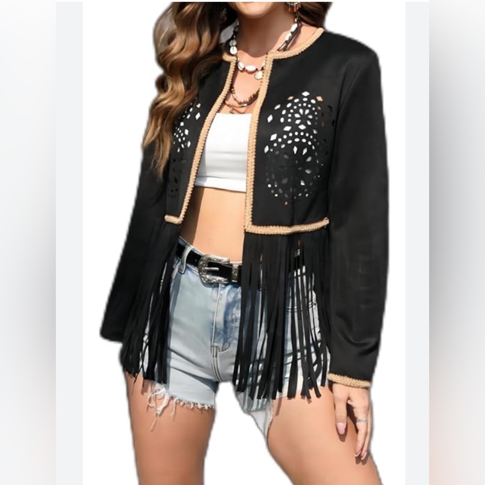 Hollow Out Fringe Hem Open Front Suedette Jacket Women's Size L Black